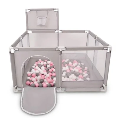Image of Selonis Square Play Pen Filed with 100 Balls Basketball, Grey:White/Grey/Powder Pink