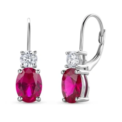 Image of Miore 925 Sterling Silver Earrings for Women with Oval Red Ruby and Brilliant Cut Zirconia Gemstones Drop Ear Piercing Birthstone Jewellery Box Included