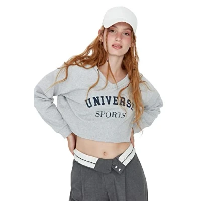Image of Trendyol Women&#039;s V Neck with Slogan Fitted Sweatshirt, Gray, XL