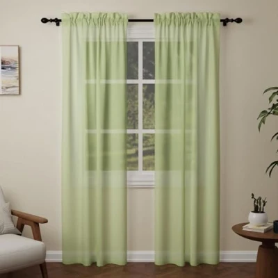 Image of Pacok Green Voile Curtains, 90 Drop 2 Panels Net Curtain for Windows, Rod Pocket Sheer Panel Curtains Living Room Kitcken Bedroom W56xL90 Inch(Green, 142 x 228cm)
