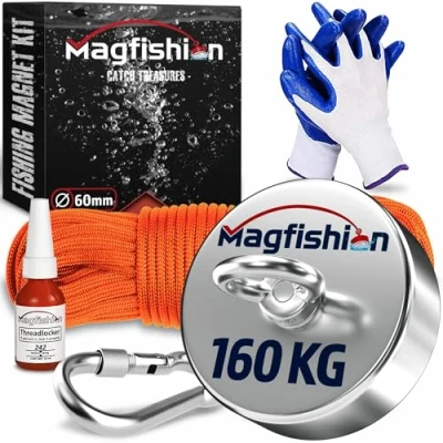 Image of Magfishion Magnet Fishing Kit 350 lb (160kg) Super Strong Neodymium Electromagnet With 20M Rope Carabiner Gloves Thread locker Ø 60 mm Magnetic Magnets