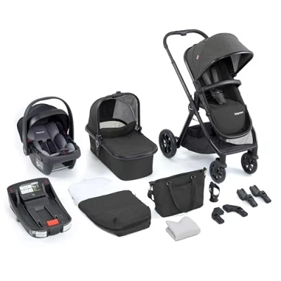 Image of Babymore Memore V2 Travel System 13 Piece Black 3 in 1 Pram System, Foldable, Reclining Baby Pushchair, Coco i Size Car Seat with ISOFIX Base &amp; Accessories, 0 4 Years Up to 22 Kg