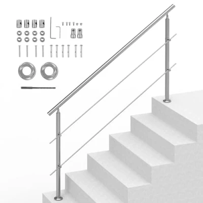Image of VEVOR Handrails for Outdoor Steps, 70.9in Length 2 Crossbars Stair Hand Rail Kit, Transitional Stainless Steel Railings w/Installation Double Column Staircase Seniors,Porch &amp; Deck