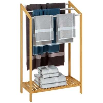 Image of CASARIA® 3 Tier Bamboo Towel Rail Rack Stand with Storage Shelf &amp; Clothes Drying Holder Freestanding, Modern, Sturdy Bathroom Airer Dryer Organiser