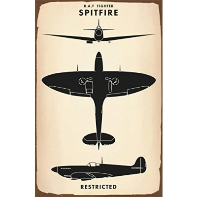 Image of Bioprocess Spitfire Aeroplane, British, RAF, Iconic Vintage Style Metal Advertising Wall Plaque Sign Tin Decor Poster A1 8X12 Inches