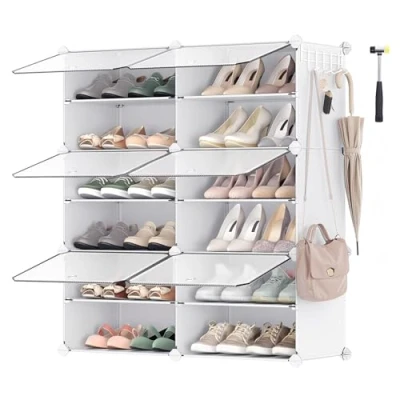 Image of SONGMICS Interlocking Shoe Rack Cabinet, 6 Slot Modular Storage Organiser Unit, 30 x 40 cm for Each Slot, with Doors, Steel Frame, Plastic Panels, White LPC033W01