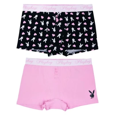 Image of Playboy Women&#039;s Amazon Exclusive Juniors Ladies Bunny Print Underwear and Bra Sets in Sizes XXS XL, 2 Pack Boyfriend Boxer Brief, (Pack of 2)