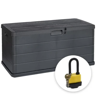 Image of idooka Plastic Garden Storage Box Large 340L Capacity Dark Grey Faux Wood Panelling Design Weatherproof Outdoor for Patio Cushions, Tools, Toys, and Other Accessories