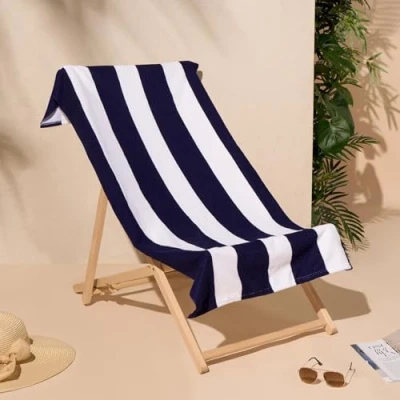 Image of Dreamscene Stripe Beach Towel Navy, Swimming Pool Holiday Essentials Gym Microfibre Towels for Adults Kids Quick Dry Towel, 71cm x 152cm