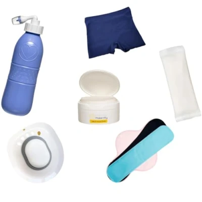 Image of First Days Maternity Postpartum Recovery Bundle, Contains 1 Blue Peri Bottle, 4 Perineal Cold Packs, Witch Hazel Pads Tub, 2 Reusable Gel Sitz Bath, and Underwear (UK 8 12)