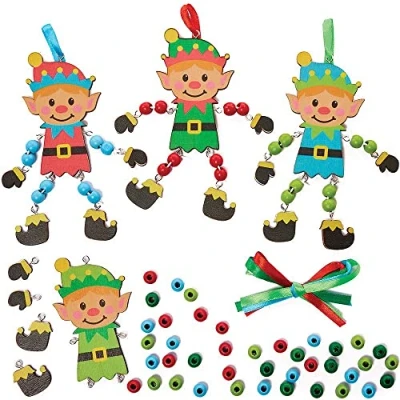 Image of Baker Ross FX287 Christmas Elf Wooden Bead Decorations Pack of 4, Wood Craft for Kids Party, Arts and Crafts