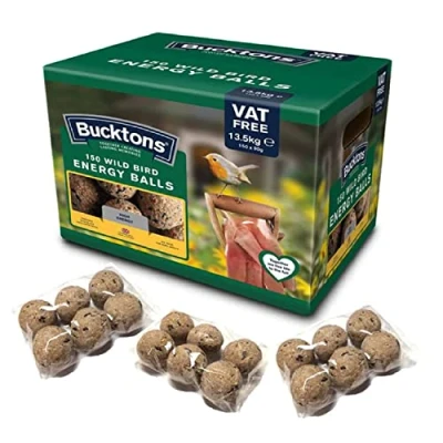 Image of TOPLINE Bucktons High Energy Fat Balls Box of 150 x 90g Boost Natural Suet Food for Wild Garden Birds. Great Ground Feeder, Bird Tables. Comes with Card., Brown