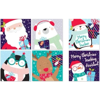 Image of SKYTE® Pack of 30 Kids Christmas Cute School Cards &amp; Teacher Santa, Snowman and Friends XC0002