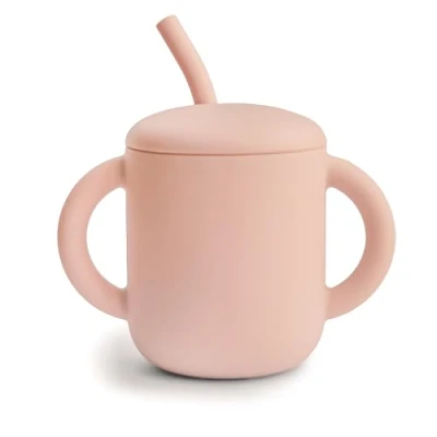 Image of Mushie Silicone Training Cup + Straw Baby Sippy with 6+ Months First Capacity: 175 mL Removable Lid Material: Food Grade Dishwasher &amp; Microwave Safe (Blush)