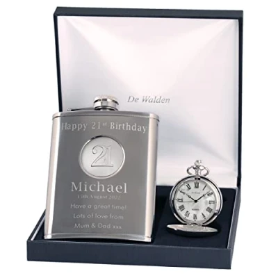 Image of Engraved 21st Birthday 21 Feature Mother of Pearl Pocket Watch and Hip Flask Gift Set