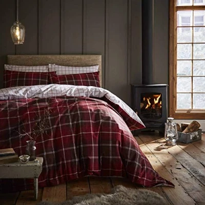 Image of Catherine Lansfield TARTAN CHECK RED DUVET COVER SET 160X200+50X80