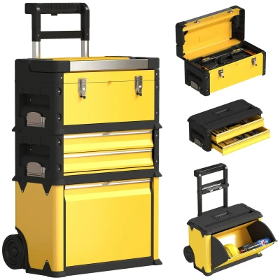 Image of HOMCOM 3 in 1 Rolling Tool Box, Stackable, Modular Powder Coated Steel Toolbox with Tray, Handles, Latches, Wheels, Heavy Duty Storage System for Workshop, Garage, 520mm x 320mm 720mm, Yellow