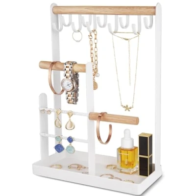 Image of ProCase Jewellery Organiser Stand Holder, 4 Tiers Jewelry Stands Necklace Organizer Earring 10 Hooks Tower Display Rack for Bracelets Watches Rings Gifts Women White