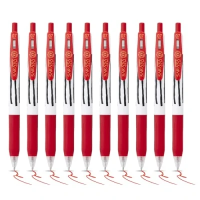 Image of Zebra Pen SARASA CLIP Stripes Gel Pens 10pk Retractable Coloured With Medium 0.7mm Nib, Smudge Proof, Rapid Dry Ink Comfort Grip and Push Clip, Water Resistant, Red Multipack