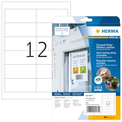 Image of HERMA Self Adhesive Removable Film Labels, 12 Labels per A4 Sheet, 20 Sheets, 97 x 42.3 mm, 240 Blank Weatherproof Stickers, Sticky for Laser &amp; Inkjet Printer, White