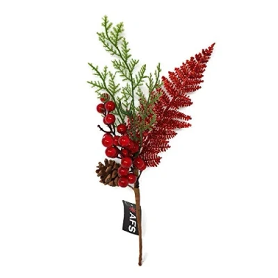 Image of Artificial Red Glitter Fern &amp; Berry Pick x 32cm Christmas Wreath Craft