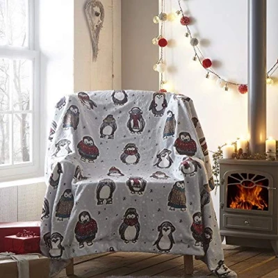 Image of Portfolio Snowy Penguins Throwover Decorative Throw, Grey, 130 x 170