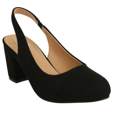 Image of Womens Mid High Block Heels Slingback Strap Court Shoes Mary Jane Ladies Comfort Work Pumps Formal Smart Office Low Heeled Strappy Slip On Dolly Wide Fit Black Faux Suede