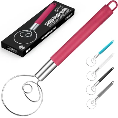 Image of ORBLUE Danish Dough Whisk with Silicone Covered Handle, Stainless Steel Mixer, Rouge Red