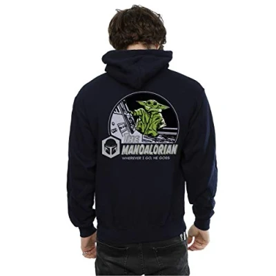 Image of Star Wars Men&#039;s The Mandalorian He Goes Pocket Hoodie Navy Blue X Large