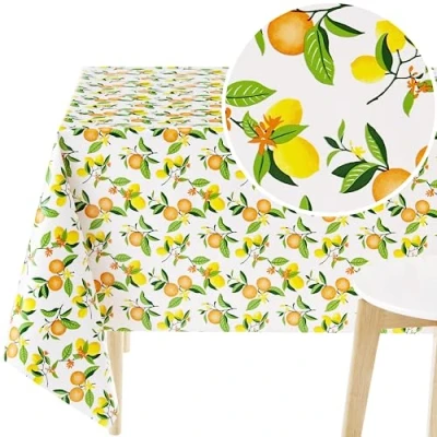Image of KP HOME Wipeable PVC Wipe Clean Tablecloth Rectangle Oil Cloth 98x55in250x140cm Lemon Fruits Table Rectangular Oilcloth Waterproof Plastic Dinning Cover in Colourful Yellow