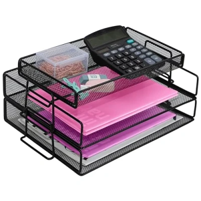 Image of ideallife Letter Trays Stackable with Top Stationery Holder, 2 Tier Metal Desk Organizer Tray, Paper Filing Tray for Office Supplies Black