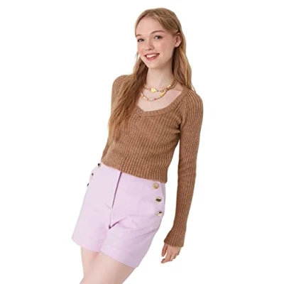 Image of Trendyol Women&#039;s Scoop Neck Plain Slim Sweater Sweatshirt, Camel, M UK