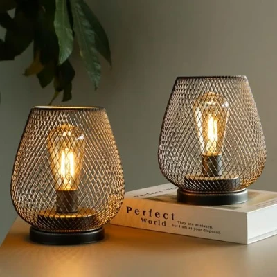 Image of TRIROCKS Set of 2 Metal Battery Operated Lamp 17cm Tall Cage Shape Cordless Table Lanterns with LED Edsion Bulb for Patio Garden Wedding Parties Indoor Outdoor(Brown)