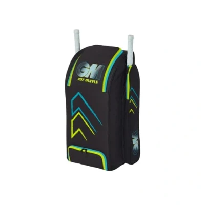 Image of Gunn &amp; Moore GM Cricket Duffle Duffel Bag 707 Two Full Size Bat Pockets Shoe Tunnel Tough 600 Denier Polyester Medium 85 Litres Black, Cyan Fluro