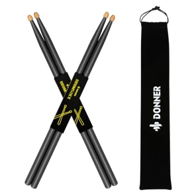 Image of Donner 5A Drum Sticks Maple Wood Drumsticks 2 Pair with Carrying Bag Black