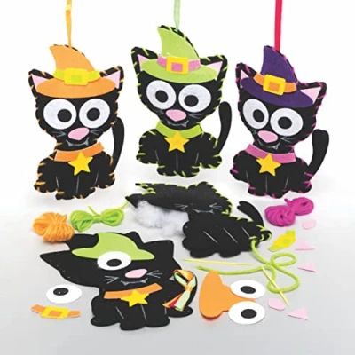 Image of Baker Ross FE685 Witch Cat Decoration Sewing Kit Pack of 3, Set for Children, Creative Activities Kids, Ideal Halloween Arts and Crafts Project, Cat, Green,Orange,Purple