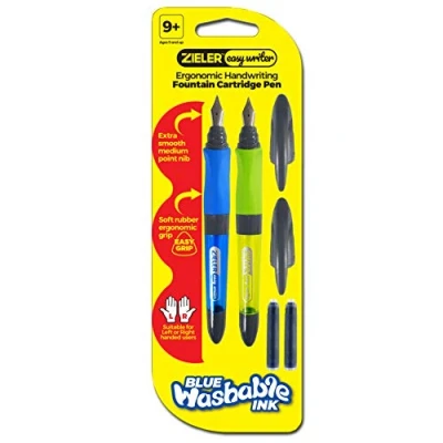 Image of Zieler ergonomic Handwriting Fountain Cartridge Pen (twin pack) Easywriter Suitable for right &amp; left handed use Soft rubber grip Extra smooth medium point nib 2 ink cartridges