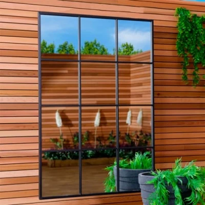 Image of Charles Bentley Large, Garden, Industrial, Window Mirror, Accessory, Feature, Matte Finish, Weather Resistant, Wall Mounted, Rust Proof, Black, 4 Hooks For Hanging, 12.5kg (120x80x2.5cm)
