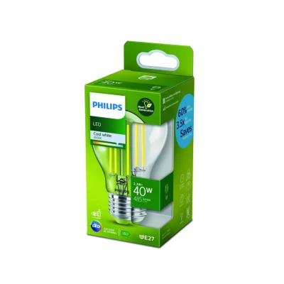 Image of PHILIPS LED Ultra Efficient Light Bulb A Label Energy Rating [Cool White 4000K E27 Edison Screw] 40W A60 Clear. for Indoor Home Lighting.