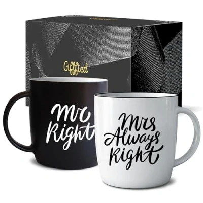 Image of Triple Gifffted Mr Right Mrs Always Coffee Mugs Gifts Ideas for Couples, Wedding Anniversary, Engagement, Christmas, His &amp; Hers, Bride and Groom, Parents, Newlyweds Bridal Shower, Ceramic 380ml