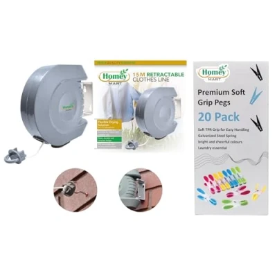 Image of 15m Retractable Reel Clothes Washing Line Indoor &amp; Outdoor Use Wall Mounted Heavy Duty Extendable Laundry Grey Pack of 20 Premium Soft Grip Pegs