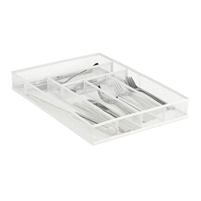 Image of Relaxdays Metal Cutlery Tray, 6 Compartments, Mesh Design, 5.5 x 29 41 cm, Kitchen Drawer Insert, Organiser, White