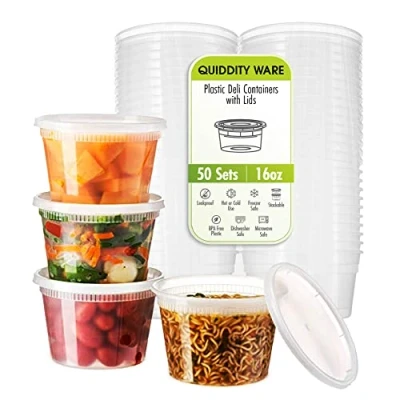 Image of QUIDDITY WARE (16oz Deli Containers with Lids Leakproof 50 Pack BPA Free Plastic Microwaveable Clear Food Storage Container Premium Heavy Duty Quality, Freezer &amp; Dishwasher Safe