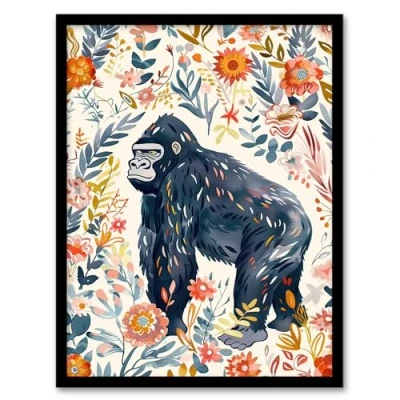 Image of Artery8 Gorilla Ape with Wildflowers Floral Watercolour Living Room Artwork Framed Wall Art Print A4