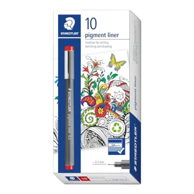 Image of STAEDTLER 308 03 2 Pigment Liner Fineliner Pen for Writing &amp; Technical Drawing Red, 0.3mm (Box of 10)