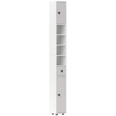 Image of kleankin 180cm Tall Bathroom Cabinet, Slim Storage Cabinet with 4 Open Shelves, 2 Door Cupboards and Adjustable Light Grey