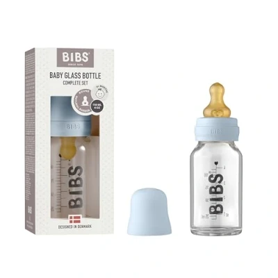 Image of BIBS Baby Glass Bottle. Anti Colic. Round Natural Rubber Latex Nipple. Supports Breastfeeding, 110 ml, Blue