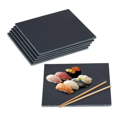 Image of Relaxdays Slate Plates, Set of 6, Square Serving Platters, 25 x cm, Cheese Board, for Snacks, Sushi &amp; Desserts, Black