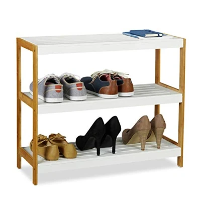 Image of Relaxdays 3 Tier Shoe Rack, Robust Hallway Storage Shelf, Bamboo &amp; MDF, HWD 58.5 x 70 26 cm, White/Natural