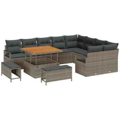 Image of vidaXL 12 Piece Garden Sofa Set with Cushions Grey Poly Rattan Acacia